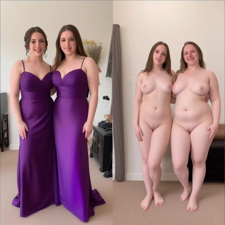 <lora:onOff_v326:1> onoff group, two women in a bridal party, wearing matching purple dresses, split screen