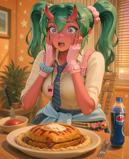 highly detailed, (upper body:1.3), (detailed background, kitchen, sunset, golden hour, shutters, blinds down, blinds, wooden table, wooden chair, orange interior, indoors:1.2), (delicious food, surprised, hands on own face, food focus, pepsi, fork, knife, pepsi on plate:1.5), fortnite_nemia, 1girl, solo, green hair, twintails, ponytail, long hair, bangs, hair between eyes, hair over one eye, ears, horns, oni horns, single horn, red skin, pink skin, blue eyes, parted lips, bandaid, bandaid on nose, bandaid on thighs, breasts, shirt, school uniform, necktie, plaid skirt, thighhighs, socks, loose socks, boots, jewelry, earrings, bracelet, charm, belt, gloves, fingerless gloves, knee pads, leg warmers, collarbone, solo, colored skin, hair ornament, hairclip, scrunchie, holster, striped necktie, clothes around waist, oni, plaid, charm (object), blue necktie, sweater around waist, animal print, heart, shoes, star (symbol), thigh holster <lora:Fortnite_Nemia_Demonically_Cute_Set_ILXL_E41_16_DIM:1>, <lora:delicious_food_surprised_hands_on_own_face:1>