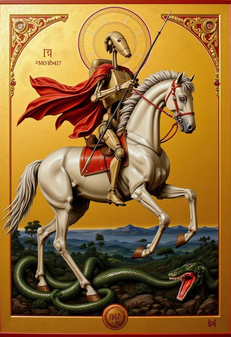 An Eastern Orthodox-style icon featuring a Star Wars battle droid in place of St. George, depicted in intricate, golden hues and ornate detail. The battle droid is mounted on a noble, lifelike white horse, its mane flowing gracefully as it rears. The droid wields a traditional thin spear, piercing through a sinuous, menacing serpent with sharp fangs and glowing red eyes. The backdrop features a gilded halo encircled by delicate geometric patterns, framed by a serene, celestial background. The scene radiates a sacred, majestic aura, seamlessly blending classical religious iconography with the unique presence of the battle droid