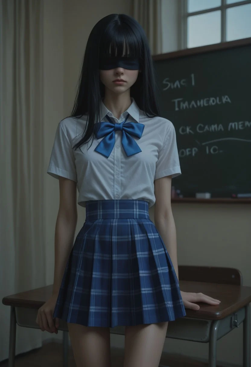 (((black hair))), long hair, (((bangs over eyes))), (((black blindfold))), Russian, Caucasian, (Cinematic Angle), (((skinny, petite))), Masterpiece, Best Quality, Best Score, Best Anatomy, (skinny, slim, slender, narrow waist, abs:1.3)(Narrow waist:1.6)(Cinematic Angle), ((( skinny, petite))), Masterpiece, Best Quality, Best Score, Best Anatomyr, masterpiece, amazing quality, best quality, ultra-detailed, 8K, illustration, CG, 1girl,
1girl,solo,looking at viewer, echo (circa),ksg skirt, plaid skirt, white shirt,school uniform, blue bow, blue skirt, nerissa_ravencroft,annoyed, class room, chalkboard, tables, window, curtains,