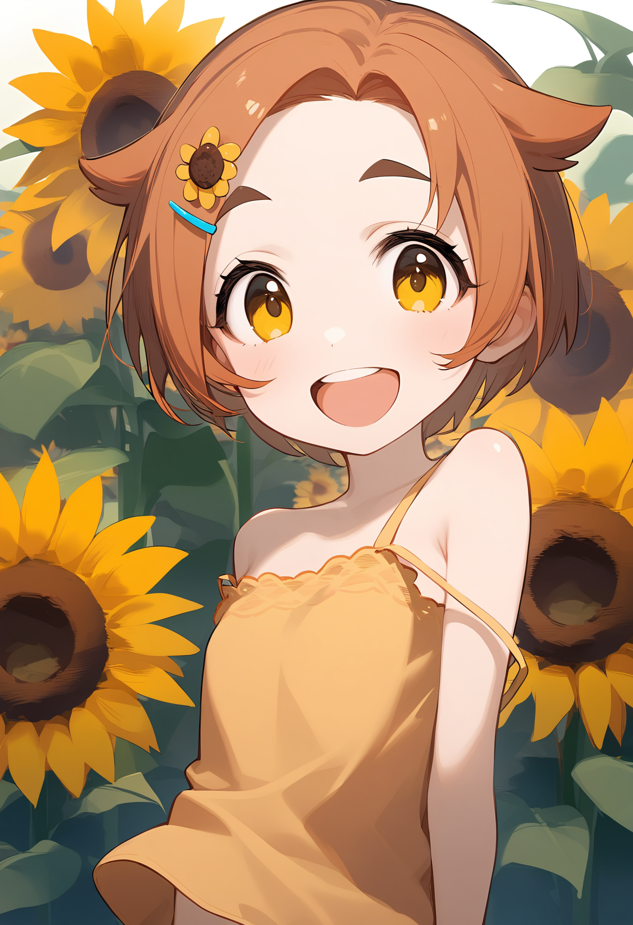 1girl,
ryuzaki kaoru,


hairclip, blush, flower, sunflower, strap slip, green ribbon, ribbon, thick eyebrows, open mouth, shirt, parted bangs, looking at viewer, short hair, t-shirt, short eyebrows, hair ribbon, yellow eyes, sunflower hair ornament, hair ornament, camisole, smile, forehead, :d, yellow camisole, solo, orange hair, blue shirt, hair flower, virtual youtuber, bare shoulders, two-tone ribbon, hair flaps, two-tone shirt,

sfw
<lora:a31_char_new_ryuzaki_kaoru-000026:1> <lora:a31_style_koni-000010:0.8>