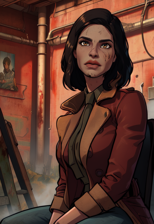 piper,black hair,brown eyes, 
standing,upper body, black undershirt, 
red overcoat,dirty clothes,pants, 
 sitting,  news station, 
fallout \(series\),morning,
(insanely detailed, beautiful detailed face,beautiful detailed eyes, masterpiece, best quality),
<lora:piper:0.8>,