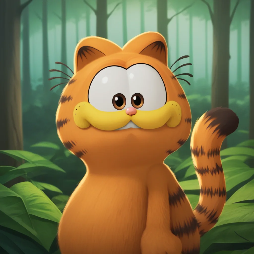 score_7_up, BREAK, no humans, Garfield, solo, brown eyes, orange fur, cat ears, <lora:Garfield_XL_Leaf1v2:1>, forest,