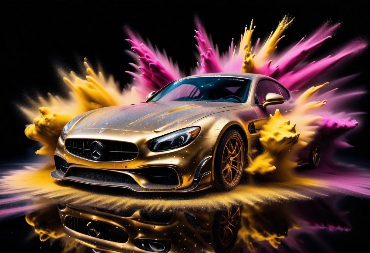 GOLD LIQUID METAL sports car, race car, racing through SILVER LIQUID METAL, liquid metal sprays up from the cars tyres, Car drifting in a black void, huge Colorful Powder Explosion above the car