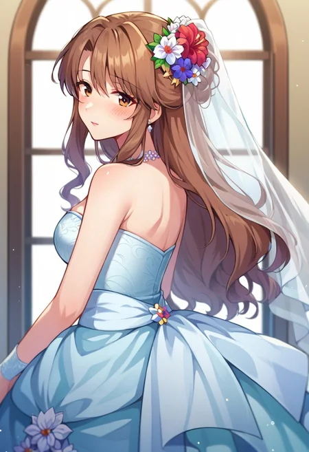 score_9, score_8, score_7, source_anime, wedding dress, 1girl, solo, looking at viewer, long hair, bare shoulders, bridal veil, blush, jewelry, brown hair, hair flower