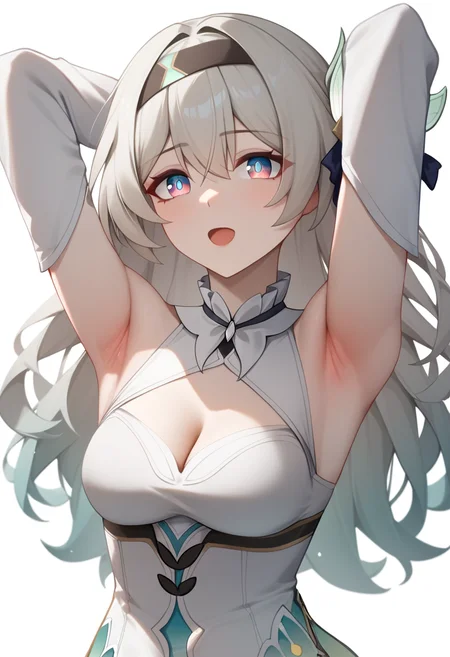 score_9,score_8_up,score_7_up,<lora:firefly_V3_pony:1>,white_shirt, alternate_costume, detached_sleeves, black_hairband, looking_at_viewer, highres, solo, cropped_torso, firefly_\(honkai:_star_rail\), presenting_armpit, medium_breasts, white_sleeves, 1girl, arms_up, simple_background, sleeveless_shirt, absurdres, hair_intakes, cleavage_cutout, white_background, open_mouth