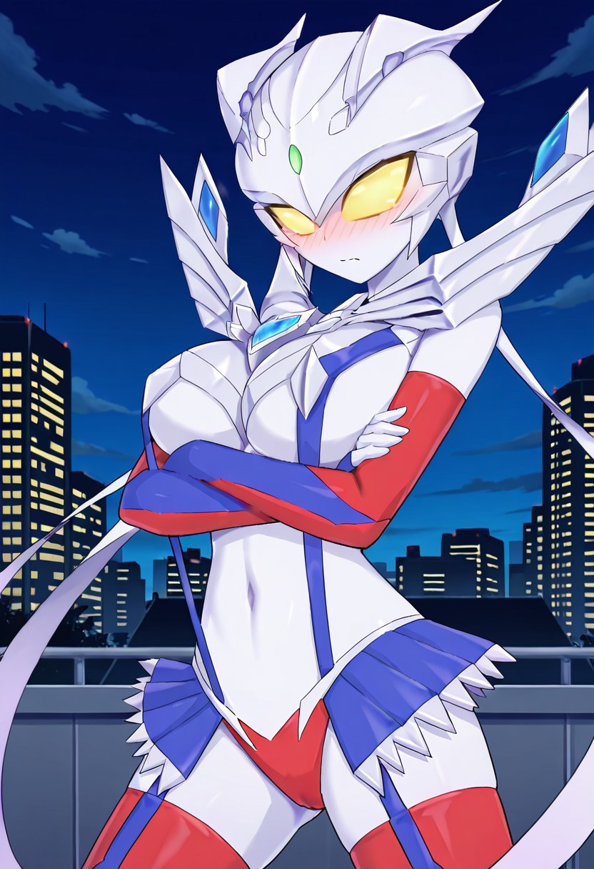 official art, detailed anime, ultra detailed anime art, anime screencap, screencap, score 9, score 8 up, score 7 up, masterpiece, anime coloring, source anime, 
BREAK
UltraGirlZero, 1girl, solo, large breasts, helmet, glowing eyes, yellow eyes, no pupils, yellow sclera, green jewel forehead, thighhighs, navel, genderswap \(mtf\), tokusatsu, alien, visible fang, colored skin, silver skin, metallic skin, red and blue elbow gloves, chest armor, revealing clothes, blue suspenders, underboob, ((covered nipples:0.9)), navel, toned belly, micro skirt, blue garter straps, red mini panties, cameltoe, blue and red thigh-high boots, high heels, weapon at right arm, very long metallic ribbons at shoulders, closed mouth, 
BREAK
cowboy shot, standing, crossed arms, ((frontal view, from front)), city, night, rooftop, detailed background,