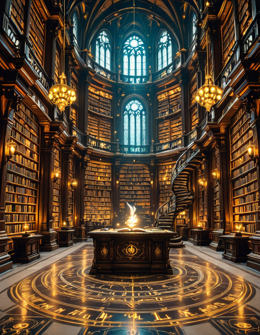 grand enchanted library filled with towering wooden bookshelves that stretch endlessly into the distance, packed with ancient, leather-bound books glowing with mystical runes. The atmosphere is illuminated by floating candles and ethereal blue and golden lights that hover in the air, casting a warm, magical glow. A spiral staircase made of dark oak winds upward, disappearing into the shadows of the high-vaulted ceiling adorned with intricate celestial carvings. Wisps of enchanted mist swirl around the floor, while some books levitate gently from shelf to shelf, as if guided by an unseen force. The air shimmers with dust particles suspended in soft, golden light filtering through stained glass windows, depicting mythical creatures and arcane symbols. The scene is rich in deep, warm tones of mahogany, gold, and sapphire, evoking a sense of wonder, mystery, and timeless knowledge. The image is highly detailed and photorealistic, capturing the textures of the aged books, the glow of magical elements, and the enchanting stillness of this mystical sanctuary of wisdom.
<lora:SDXLFaeTastic2400:0.4> <lora:extremely_detailed:0.4> extremely detailed,<lora:3nch4nt3d_l1br4ry-ill:1>,3nch4nt3d l1br4ry, Masterpiece,best quality,hi res,8k,hi res,8k,award winning,(sharp focus, intricate, highly detailed),