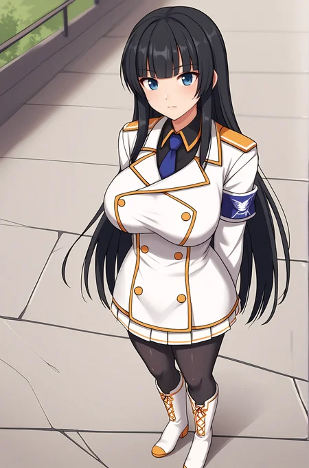 anime artwork, score_9, score_8_up, score_7_up, source_anime, BREAK, thick outline, fat outline,
Ikaruga_XL, long black hair, blunt bangs, hime cut, dark blue eyes, large breasts, BREAK, Ikaruga_Shinobi, white military uniform, golden buttons, golden epaulettes, black shirt, purple tie, long sleeves, armband, white gloves, white pleated skirt, black pantyhose, white knee boots, BREAK, outdoors, standing, hands behind back,
<lora:Ikaruga_XL:0.7>
<lora:PersonalAmi_PonyXL:1.0>