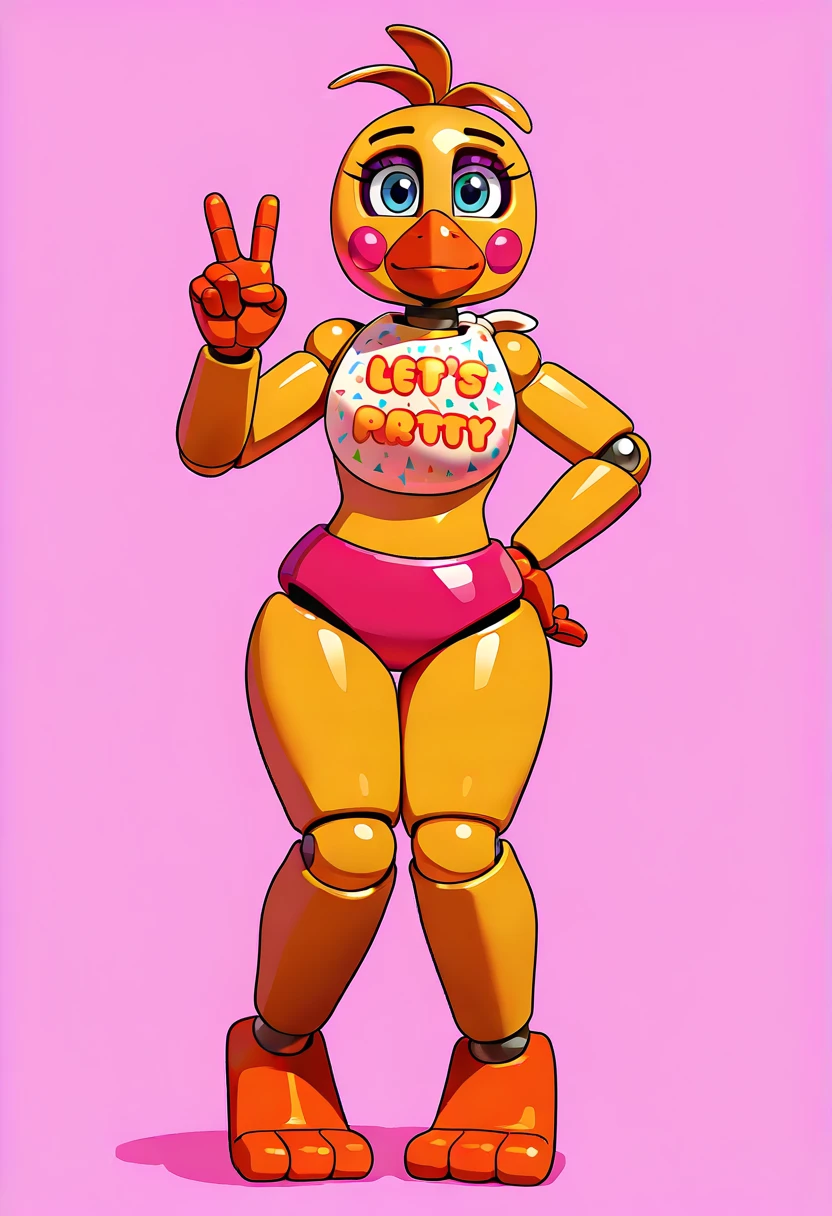 ToyChicaFNAF, 1girl, yellow-orange chicken, orange beak, blue eyes, purple eyelids, long eyelashes, orange feet, reddish pink cheeks, curvy, white bib, pink bikini bottom, robot joints, solo, full body, V,