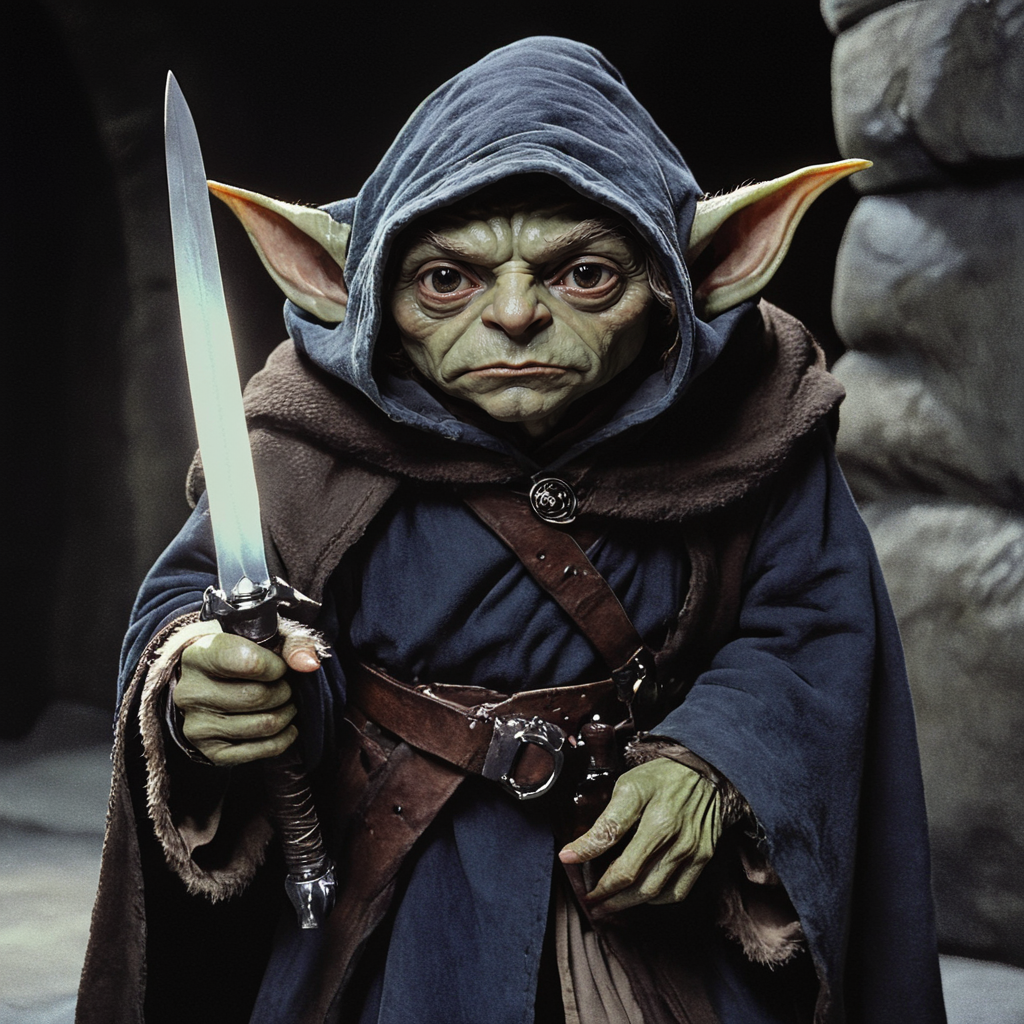 <lora:80sFantasyMovieSDXL2:1> ArsMovieStill, 80s Fantasy Movie Still, The image is a close-up of a character from the Star Wars franchise. The character is Yoda the main antagonist of the movie. He is wearing a dark blue robe with a hood that covers his head and shoulders. He has large pointed ears on either side of his head which are covered in fur. Yoda is holding a large sword in his right hand and is pointing it towards the viewer with his left hand. His face is contorted in a menacing expression with sharp teeth and a menacing look. The background is dark and ominous with a hint of a stone wall behind Yoda. The overall mood of the image is ominous and menacing., solo, pointy ears, weapon, 1boy, male focus, knife, hood, elf, dagger, belt