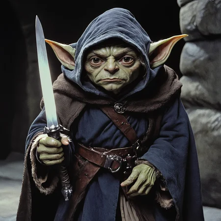 <lora:80sFantasyMovieSDXL2:1> ArsMovieStill, 80s Fantasy Movie Still, The image is a close-up of a character from the Star Wars franchise. The character is Yoda the main antagonist of the movie. He is wearing a dark blue robe with a hood that covers his head and shoulders. He has large pointed ears on either side of his head which are covered in fur. Yoda is holding a large sword in his right hand and is pointing it towards the viewer with his left hand. His face is contorted in a menacing expression with sharp teeth and a menacing look. The background is dark and ominous with a hint of a stone wall behind Yoda. The overall mood of the image is ominous and menacing., solo, pointy ears, weapon, 1boy, male focus, knife, hood, elf, dagger, belt