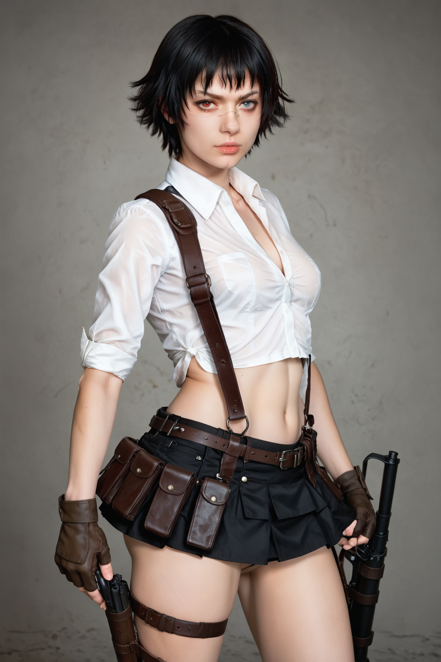 LADY (DEVIL MAY CRY), SCAR ON NOSE, 1girl, solo, breasts, looking at viewer, short hair, skirt, shirt, black hair, red eyes, gloves, navel, holding, weapon, midriff, lips, gun, thigh strap, heterochromia, scar, scar on face, holster, thigh holster, scar on nose, rocket launcher
