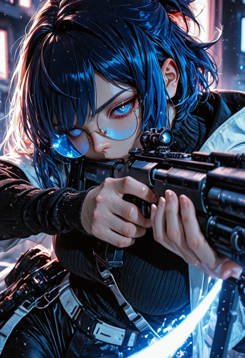 highres, very detailed, amazing quality, masterpiece,
very aesthetic,
particle effect,
1girl, Andreana from Arknights, large breasts, curvy, short hair, streaked hair, blue hair, white hair, short ponytail, blue eyes, round eyewear on eyes, blue-tinted eyewear, white jacket, hooded jacket, hood down, open jacket, layered sleeves, short over long sleeves, black sweater, turtleneck sweater, black pants, white belt, black bag, fanny pack,
Aiming a sniper, holding a sniper rifle, looking at viewer,
Close up, depth of field, ray_tracing, cowboy shot, extreme foreshortening, very aesthetic, cinematic,