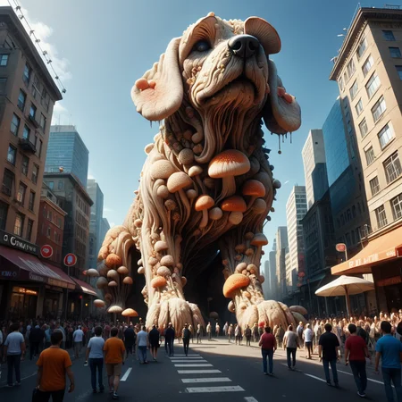 <lora:Fungal_World_Morph_V2:1>fungal_world, busy city street, from below, a giant dog, crowd of people