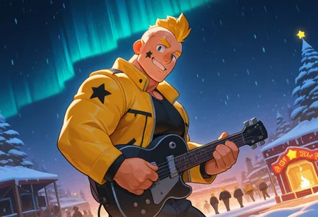 mbtiesfp, 1boy, blonde, short hair, black star on face,, yellow jacket, black shirt, looking at viewer, smirk, grin, happy, brawlStars, in the amusement park, pants, portrait, half body, upper body, blue eyes, shaved mohawk, source_cartoon, vector art, 2d, bara, manly, muscular, 3/4 view, night sky, aurora in the sky, snow, playing guitar, {{holding red electric guitar}}, in the concert, ((floating colorful muscial notes)), snowstorm, Side View, Pec focus, left view, warm lighting, with people walking background, {{colorful glowing musical notes}}, yellow eyebrows, yellow chin hair, dutch angle