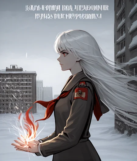 2D, anime, source_anime BREAK
(russian text:1.4), (soviet poster, poster),
(strong wind, snow, strong storm, dark clouds, building),
(red, monochrome:1.2),
1girl, solo, (red flame, cupping tiny flame on her hands:1.4), looking forward, long hair, white hair, red eyes, cupping hands,
from side, upper body,
Soviet schoolgirl uniform, red neckerchief,
<lora:Soviet_Schoolgirl_Uniform:0.7>,
<lora:CCCPposter-ponyXL:0.7>,