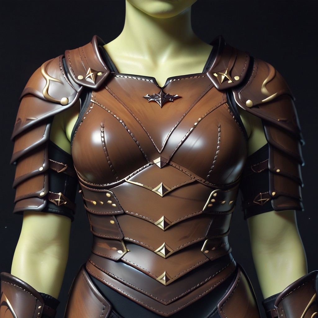 (((detailed, beautiful, high quality))), score_9, score_8_up, score_7_up, 
leather armor, leather shoulder pads, leather bracers, girl, green skin,
no human, (((armor close up))), ((black color armor)),
black background,