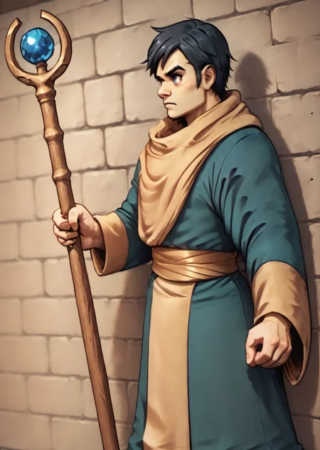 Lowe, standing, dungeon, holding a staff, solo, from the side, stern, <lora:Lowe-000012:1>