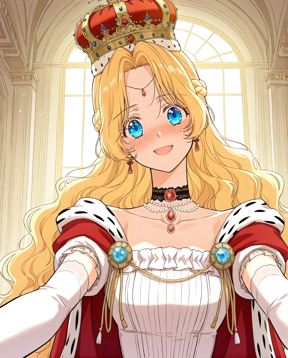 <lora:Athanasia_r1:1>
1 girl, solo, princess, blue eyes, blonde hair, long hair, wavy hair, french braid, bangs, parted bangs
white dress, necklace, collarbone, earrings, choker, gem, jewelry, red cape, crown, bracelete, pearl necklace, white gloves, elbow gloves
score_9, score_8_up, score_7_up, score_6_up, source_anime, rating_explicit, 1girl, solo, smile, embarrassed, alcalose eyes, open mouth, mansion, indoors, looking at viewer, outstretched arms, pov, close-up, (head tilt:1.2)