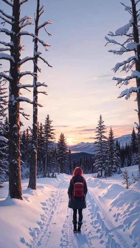 Masterpiece, best quality, 1girl, solo, from behind, backpack, winter clothes, sunset, arctic, glacier, snow, alpine forest, mountainous horizon, sky, trees, warm lighting, hyperrealistic, detailed background, depth of field, rimlighting, specular highlights, bloom, atmospheric lighting