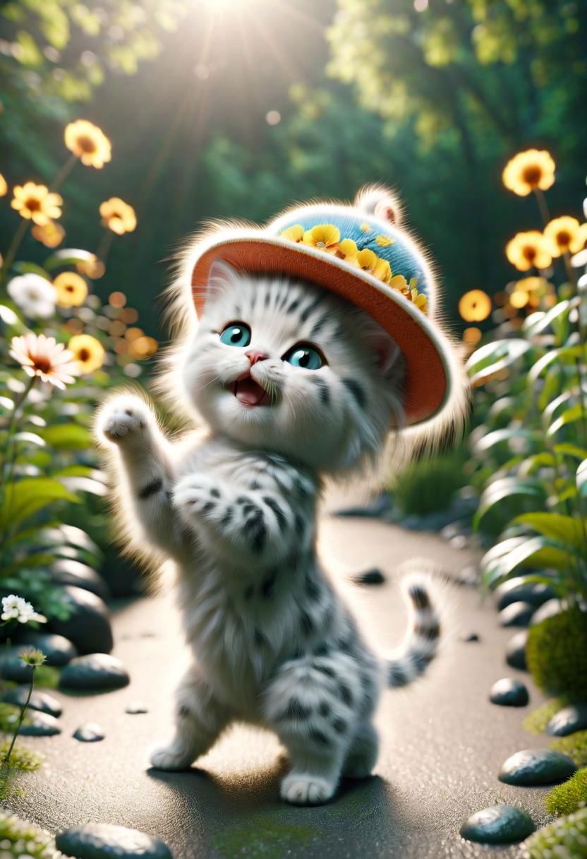 ral-fluff,<lora:ral-fluff:1>,
chibi,masterpiece,best quality,original,official art, silver metallic kitten,hat,flower,blurry background,rendering,beautiful detailed glow,(detailed ice),beautiful detailed water,sunny, blurred flower, happy,grin, ral-fluff