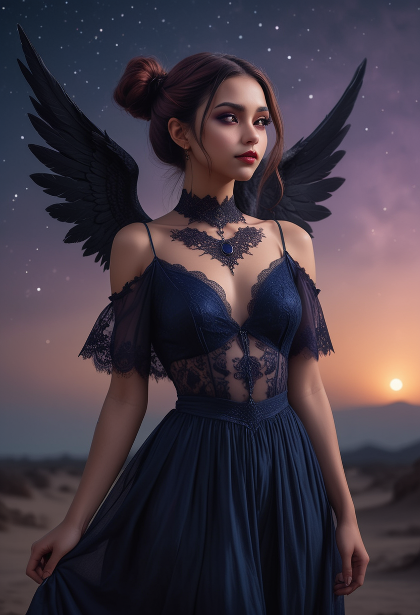 (medium full shot) of (enchanting dark angel with black wings) young woman, willowy build, extra long red low bun hair, arabian, tan skin, light brown eyes, dressed in a dark blue lace gown with ethereal designs, ballet flats with gothic designs, dark purple lipstick, holding a mystic orb gothic choker, set in  a twilight sky, with fading light, rising stars, the first glimpse of night, and an air of magic, during twilight, woman smiling, ,Masterpiece,best quality, raw photo, realistic, very aesthetic, dark