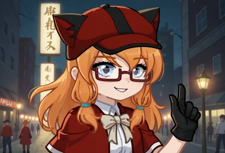 score_9, score_8_up, score_7_up, score_6_up, GachaPumpkinDetective, PumpkinDetective, girl, Blue eyes, redhead, orange hair, red jacket, glasses, red-framed eyewear semi-rimless eyewear, hat with cat ears, capelet, black gloves, cinematic lighting, golden hour lighting, volumetric lighting, city streets, hair fluttering in the wind, dynamic lighting, dynamic pose