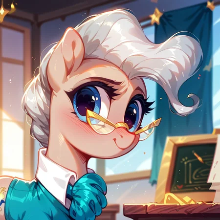 rating_safe, score_9, score_8_up, score_7_up, pony, feral, cute, Mayor Mare, 1girl, non-human, glasses, blue eyes, beige skin, quadruped, animal, pony, gray hair, tail, indoors, pretty face, curvy and petite, heavy blush, light makeup, volumetric lighting, vivid colours, detailed, shiny