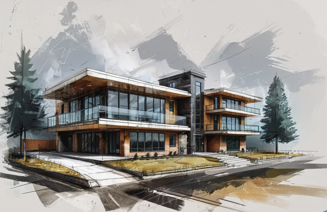 a modern building, house concept design, rough color sketch style, concept design, rough sketch, color sketch, <lora:rough color sketch style:0.7>