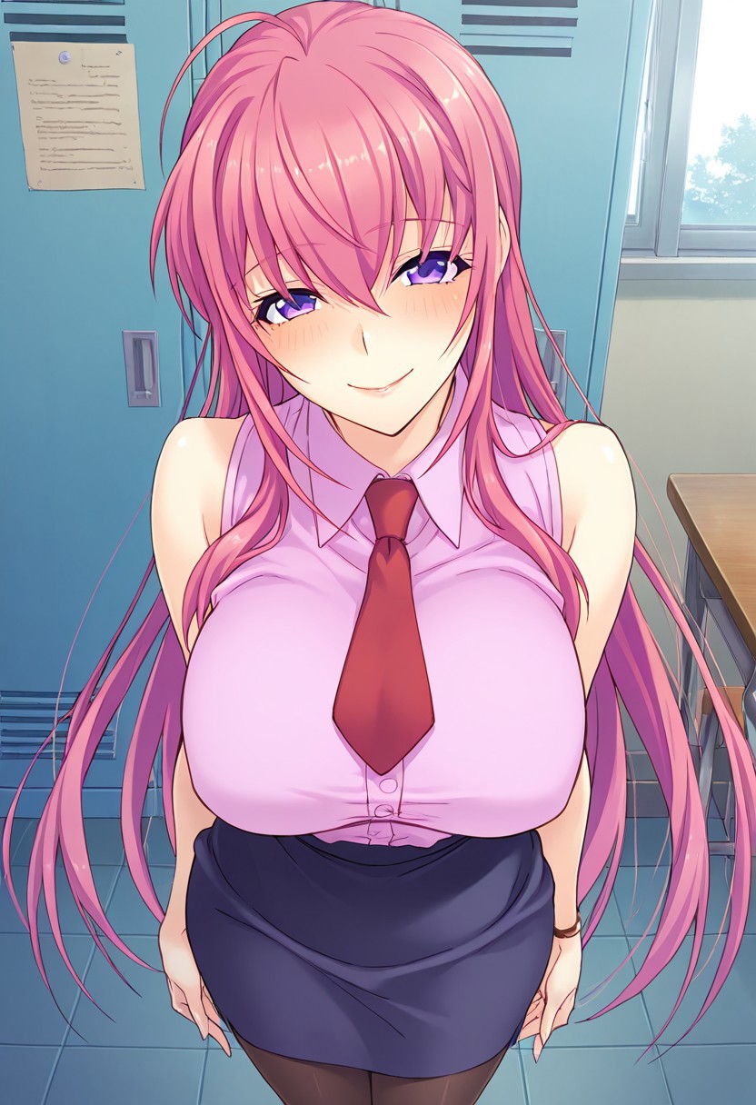 score_9,score_8_up,score_7_up,source_anime,5_figner,2d_animation,game cg,BREAK,1girl,solo,
Togashi Sayumi,long hair,purple eyes,pink hair, mature female,ahoge,side hair, V bangs,
jewelry, black pantyhose, Short red necktie, pink shirt,sleeveless,pencil skirt,white heels,
cowboy shot,looking at viewer,smile,standing,front view,
school,class room,locker,window,indoor,curtain,bulletin board,
masterpiece,best qualit,ultra-detailed,illustration,an extremely delicate and beautiful,beautiful detailed eyes,unity 8k wallpaper,high resolution,anime CG,official_art,