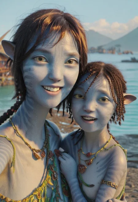 older sister (Kiri) is (taking selfie) while hugging little (Tuk), holding the camera with her hand, closeup, detailed faces, happy playful smiles, ((big eyes wide open)), (((two different))) girls, (((((age difference))))), (tribal huts) and sea with (((high))) surf on background, nipples (covered by necklace strings and pieces), SK_CINEMATIC