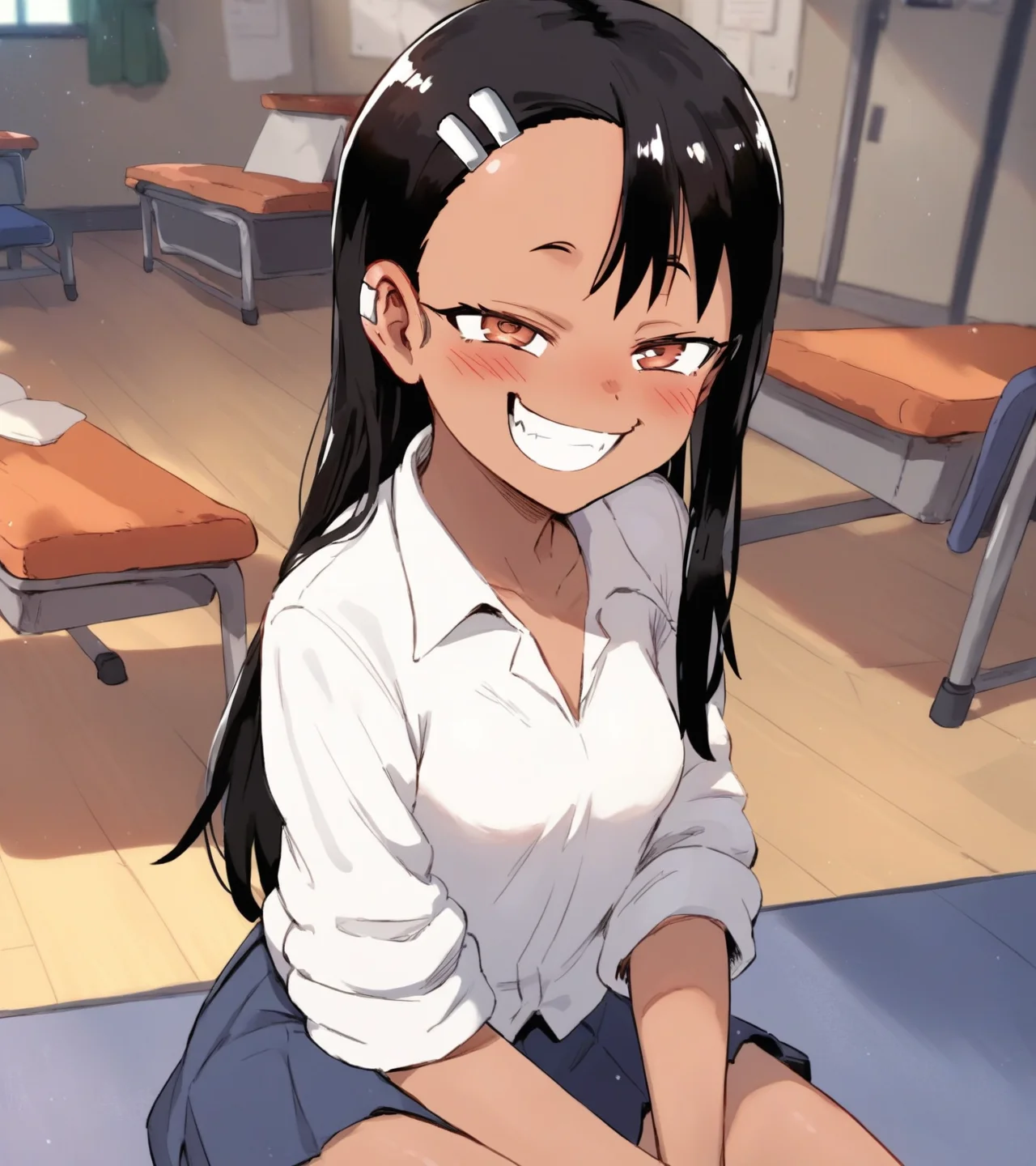 nagatoro hayase, ijiranaide nagatoro-san, smug, smug grin, 1girl, high school girl, white shirt, black hair, brown eyes, brown skin, happy, club room, sitting, teasing, raised eyebrows, grin, blush, smirk,
BREAK
score_9, score_8_up, score_7_up, score_6_up, source_anime <lora:TER_Pony_1.1-000020:0.8>