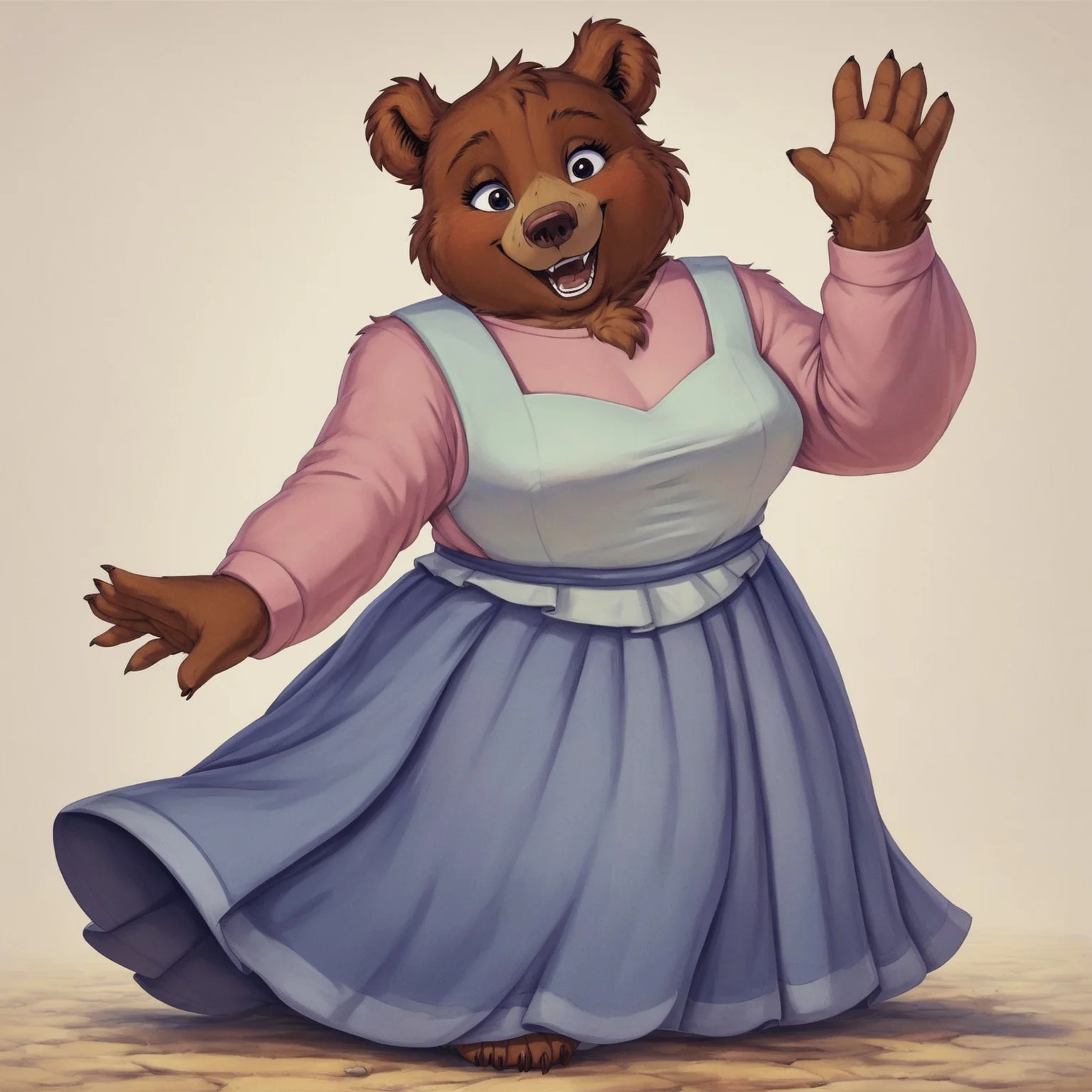 score_9, score_8_up, score_8,source_furry,
Mother_Bear,
1girl,
solo,
animal ears,
furry female,
furry,
looking at viewer,
smile,
long sleeves,
eyelashes,
brown fur,
upper body,
open mouth,
bear ears,
standing,
short hair,
teeth,
black eyes,
<full body:1.5>,
body shot,
eyelashes,
makeup,
<feet:1.5>,
bare feet,
<bear feet:1.5>,
<thick thighs:1.5>,
long legs,
sexy legs,
dress,
skirt,
long skirt,
chubby,
<simple background:1.5>,
<white background:1.5>,
, <lora:Mother_Bear_Little_Bear_Pony_SDXL-000003:1> mother_bear,, standing,
dancing,
waving hands,