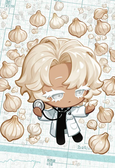 masterpiece,best quality,amazing quality,
colored eyelashes,white eyelashes,
white lab coat, garlic-themed accessories, confident pose, solo, full body, medical background, (doctor theme:1.1), (garlic theme:1.1), holding a stethoscope or medical chart, surrounded by an aura of expertise and healing, with a few garlic cloves or medical equipment scattered around him
crk1styl111,<lora:lycoris:1>,(chibi:1.4),