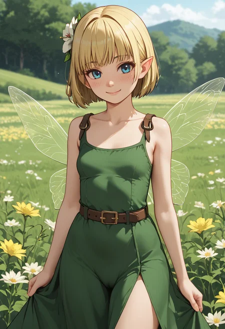 score_4,score_5,score_6,score_7_up,score_8_up,score_9
((masterpiece,best quality,ultra detailed,highres,HD,4k:1.2)),
1girl, solo, girl forcus,solo forcus,
small breast,fairy girl,blond hair,short hair,bob cut,bangs,pointy ears,hair flower,hair ornament,blue eyes,A minimum size body,
green dress,leotard dress,collarbone,belt,
outdoors,Flower field,
blush,smile,light smile,