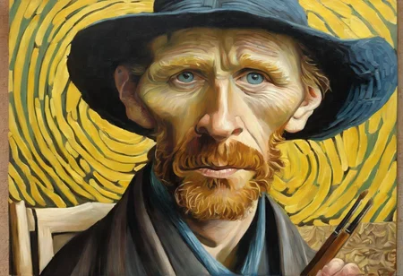 An oil on canvas self portrait of Van Gogh Caricaturized <lora:SDXL-Caricaturized-Lora:1>, Very detailed, clean, high quality, sharp image