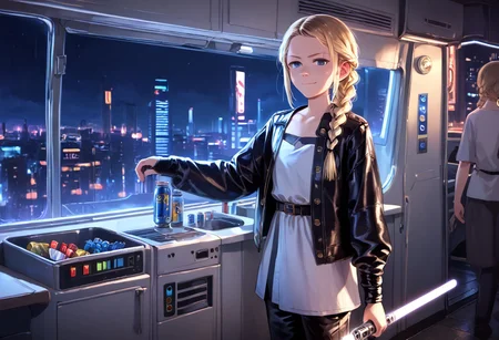 rV interior, recreational vehicle interior, anime coloring, score_9, score_8_up, score_7_up, score_6_up, 1girl , Vaylin, solo, solo focus, blonde, braid, blue eyes, indoors, standing, lightsaber, weapon, holding, single braid, white tunic, gold trim, black pants, zettai ryouiki, sleeves past fingers, solo, lips, night, denim, can, leather, bioluminescent, leather jacket, cyberpunk, city, vending machine, neon lights, general, smug,