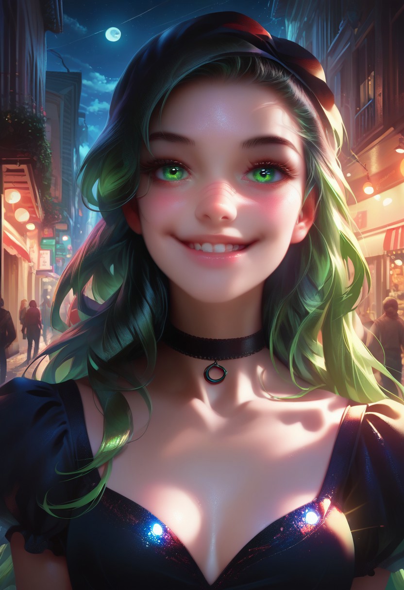 score_9, score_8_up, score_7_up, score_6_up, DemonLordDante, 1girl, solo, detailed face, detailed eyes, night, street, dress, choker, close up face, black long hair, green eyes, make up, smile,