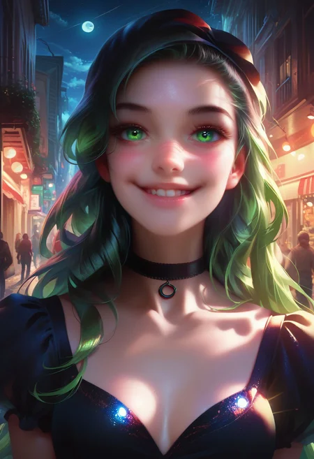score_9, score_8_up, score_7_up, score_6_up, DemonLordDante, 1girl, solo, detailed face, detailed eyes, night, street, dress, choker, close up face, black long hair, green eyes, make up, smile,