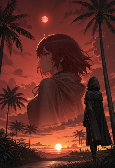 Smooth Quality, beautiful and intricate hair, 1girl, cape, cloak, cloud, cloudy sky, evening, grass, hood, hooded cloak, moon, orange sky, outdoors, palm tree, plant, potted plant, red sky, scenery, sky, solo, standing, sun, sunset, tree, twilight