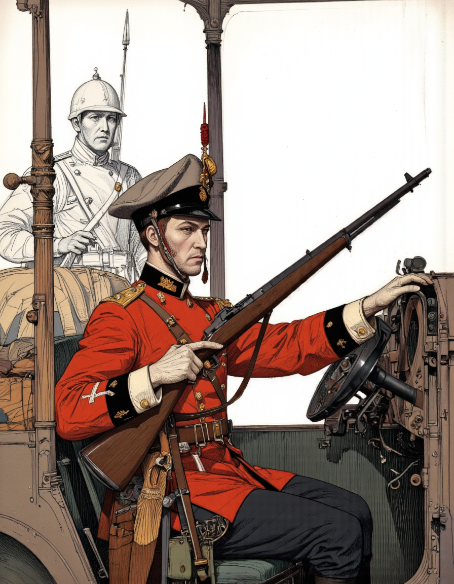 Art by Paco Gimenez. A digital illustration shoot from the side about a soldier in a red uniform sitting in a vehicle, holding a rifle, with a detailed line drawing of another soldier in the background. on the left of the image, a 1man, wearing a red british uniform with gold epaulettes and a matching hat, is seated in the driver's seat of a vehicle. he appears to be in his mid-twenties and has a serious expression on his face. he is holding a large rifle in his right hand and his left hand is resting on his lap. his feet are out of frame, and he is wearing black stockings and black shoes. the background is a simple white color, and the overall style is reminiscent of the early 20th century.