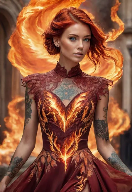 Masterpiece, 18 yo girl, charming face, emerald eyes, lovely red hair, ((tasteful tattoos)), phoenix dress, minimalist jewelry, Galician picturesque setting, cinematic atmosphere, soft lighting, film grain, high detailed, best quality,