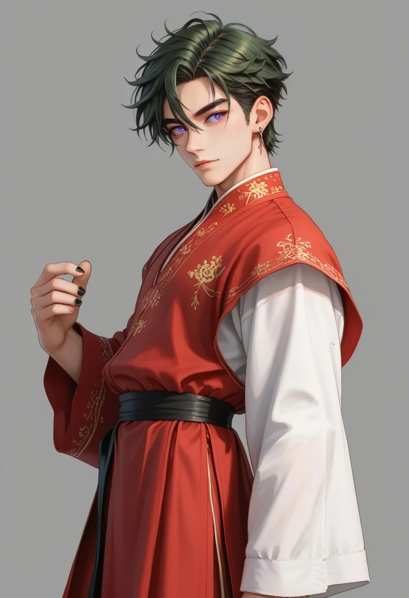 score_9, score_8_up, score_7_up, rating safe, 8k portrait, 1 boy,solo, full body, cowboy_shot, male focus, AntherimA, purple circular eyes, slit pupils, dark green hair, hair between eyes, asymmetrical hair parting, light_red_eyeshadow, ((1_earstud_left_side)), 20 years old, stoic pose, chinese_royal, chinese_clothing, dynamic pose, long large sleeves, red clothing, black_waistband, long flowing fabrics,layered clothing , black nail varnish, highly detailed, professional photography, masterpiece, (finely detailed beautiful eyes: 1.2), hdr, black_background