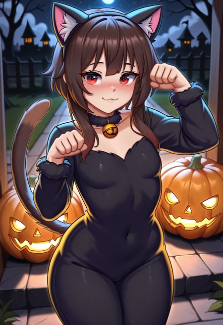 masterpiece,best quality,amazing quality, sc4rl, 1girl, megumin, night, halloween costume, cat costume, fake animal ears, cat ears, cat tail, :3, blush, paw pose, jack-o'-lantern, fluffy,
