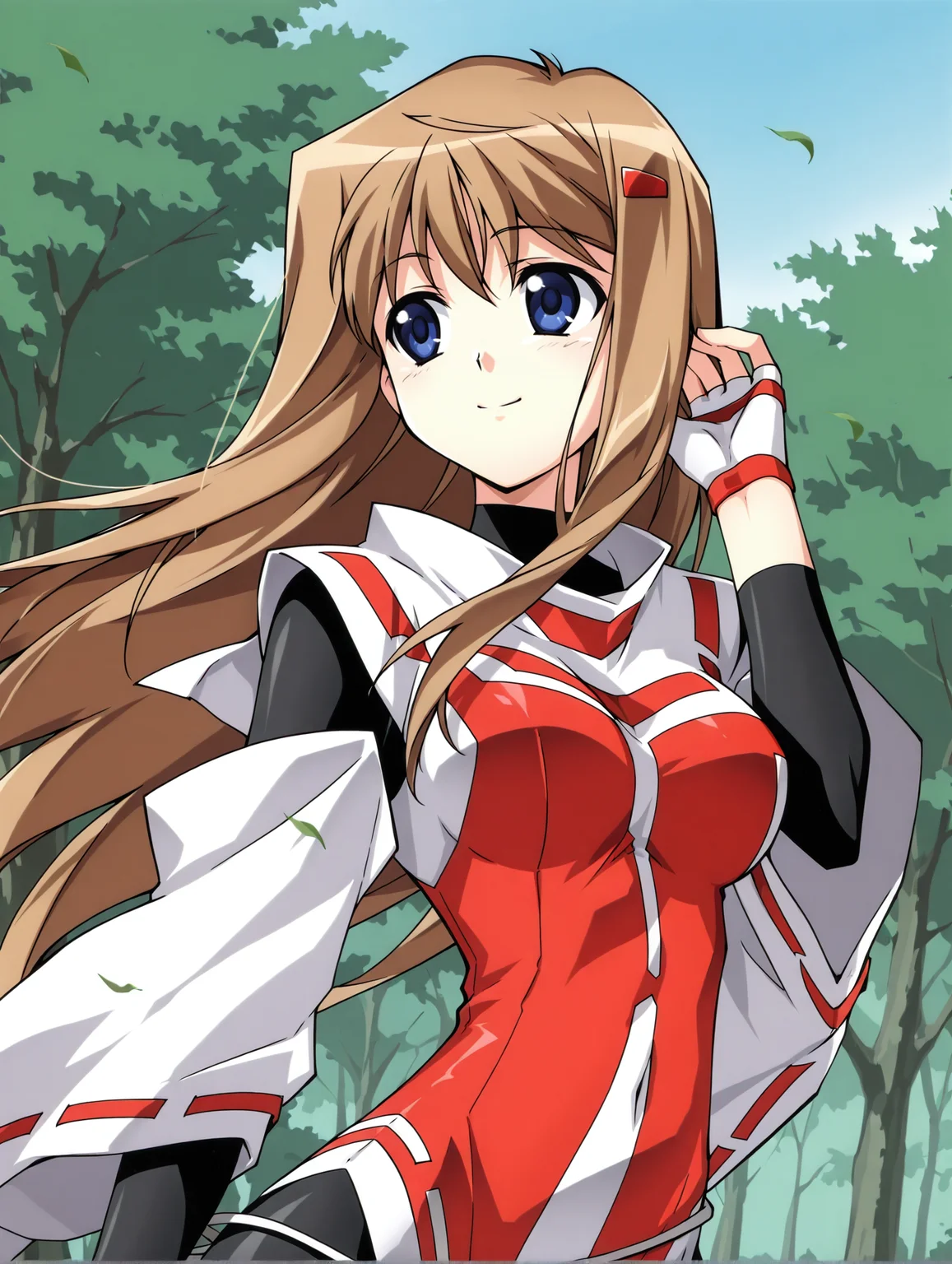 <lora:hiiragi-v2-illustrious-000050:1> akao, hairclip, detached sleeves, (bodysuit:0.6), (black bodysuit:0.6), fingerless gloves, hand in own hair, smile, looking to the side, wind, outdoors, tree, sky