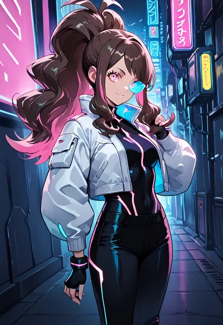 score_9, score_8_up, score_7_up, score_6_up, score_5_up, score_4_up, source_anime, solo, 1girl, 
zzHildaLuxCitron, pink eyes, brown hair, high ponytail, long hair, multicolored hair, pink hair, ponytail, sidelocks,  white jacket, long sleeves, shiny, pants, black gloves, cyberpunk, scouter, 
masterpiece, best quality, very aesthetic, absurdres,