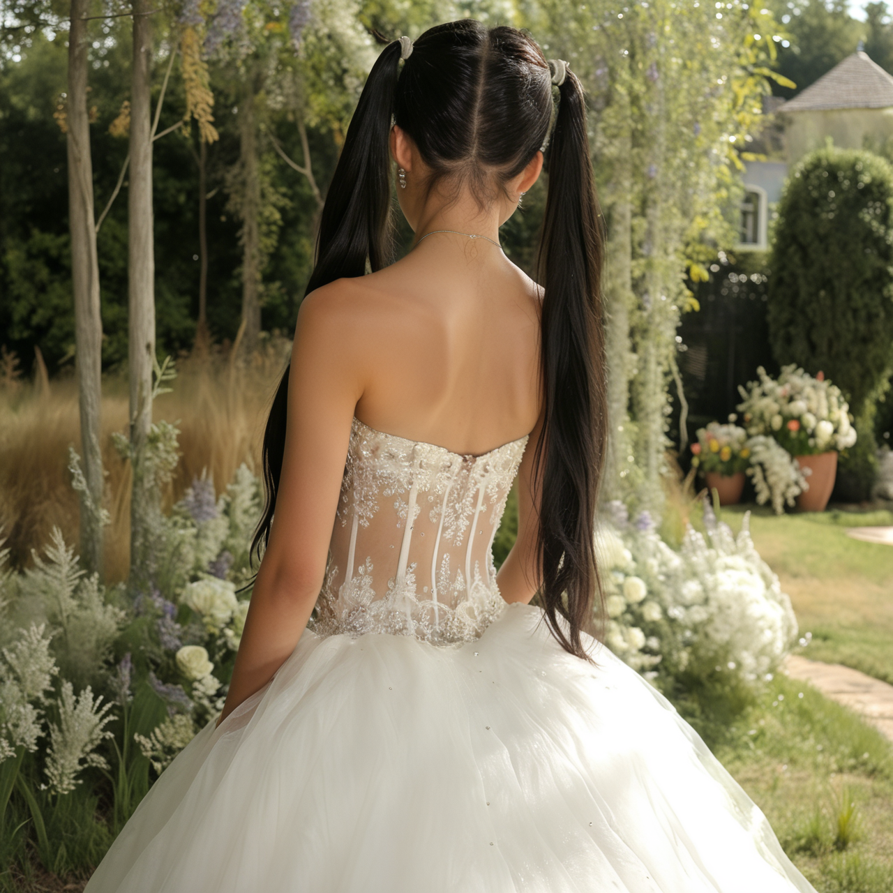 masterpiece,best quality,amazing quality,1girl,solo,upper_body,from_behind, 
black_hair,very_long_hair,twintails,petite,tall and thin,  
wedding dress, strapless,see through,jewelry, 
outdoors,standing, grass,



