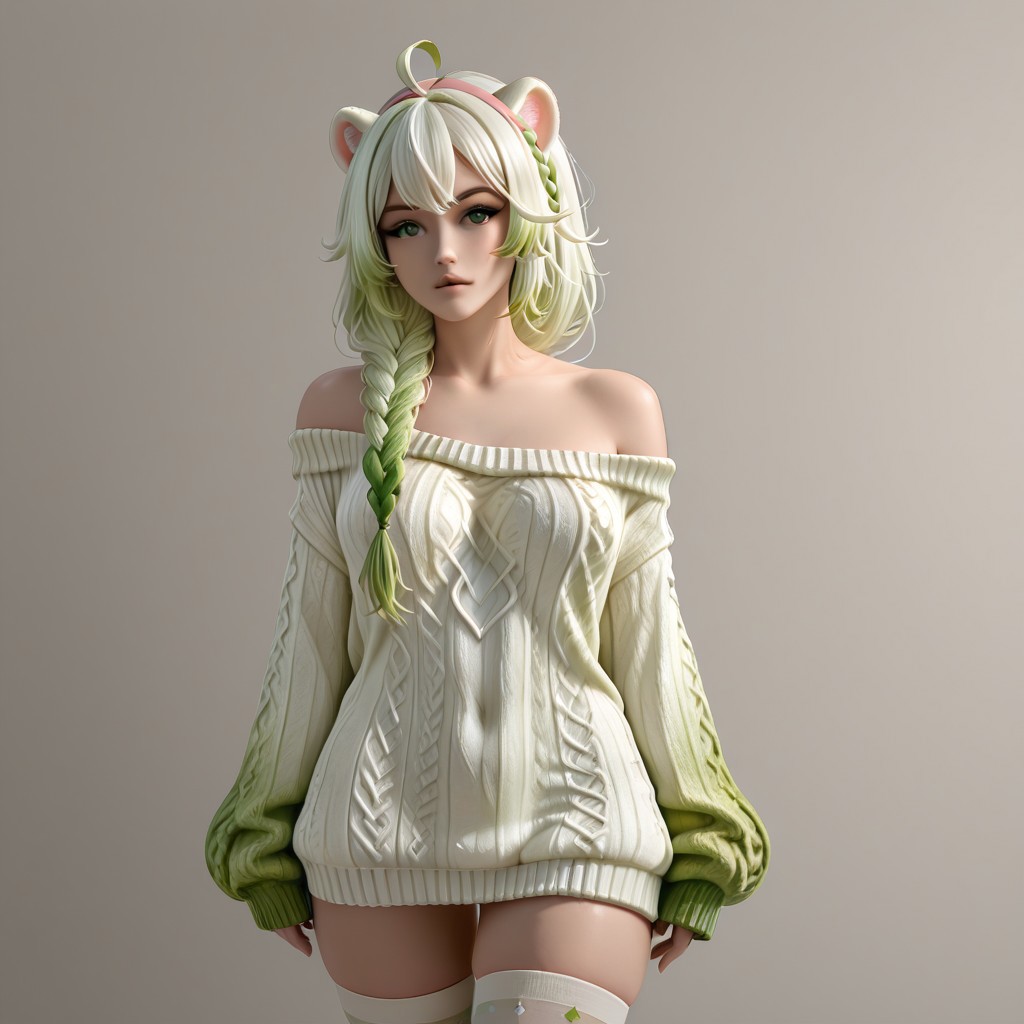 coll-dami, 1girl, thighhighs, animal ears, green eyes, braid, multicolored hair, sweater, green hair, white thighhighs, ahoge, off-shoulder, sweater off shoulder