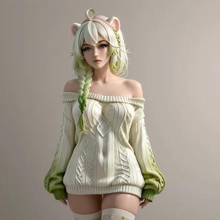 coll-dami, 1girl, thighhighs, animal ears, green eyes, braid, multicolored hair, sweater, green hair, white thighhighs, ahoge, off-shoulder, sweater off shoulder